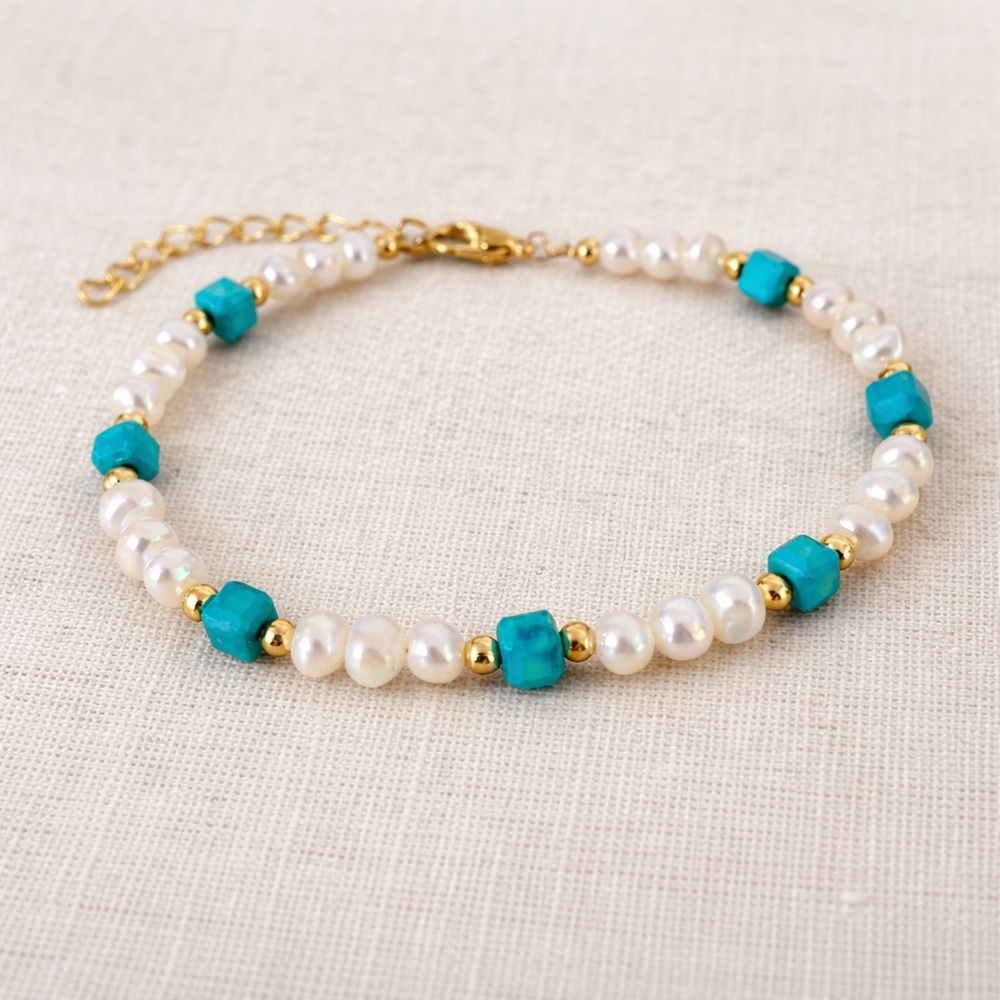 Turquoise & freshwater pearl wire wrap bracelet, artisan crafted, adjustable